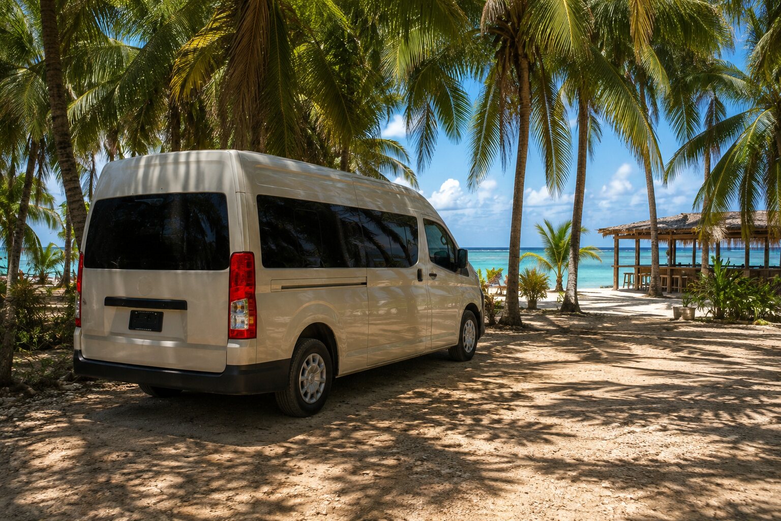 Tour bus parked at the beach