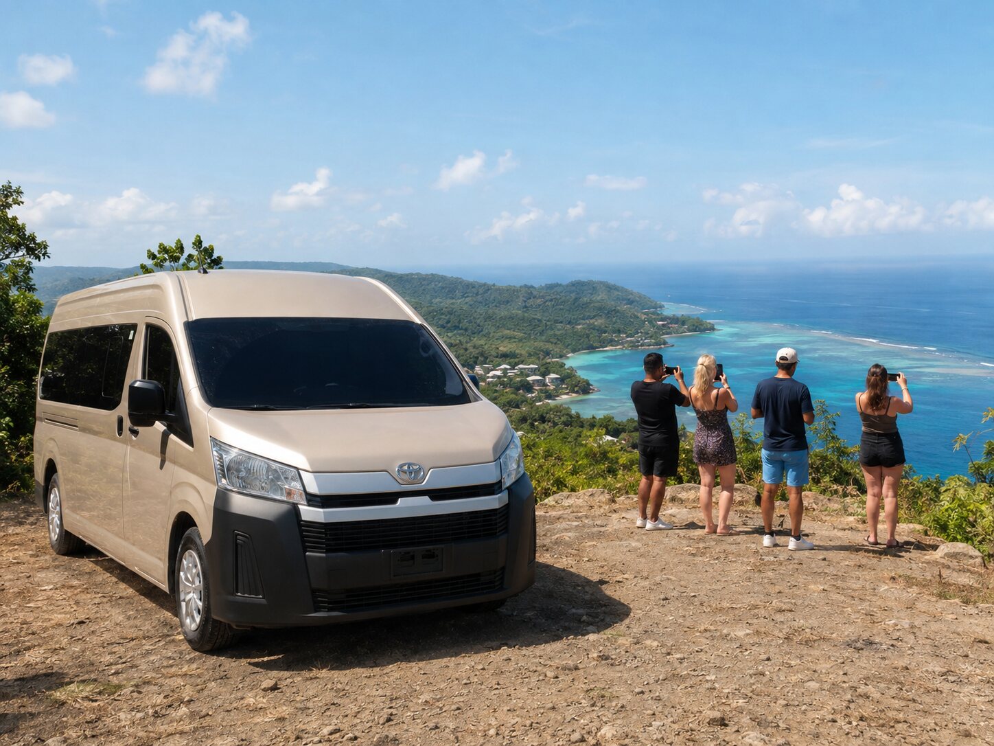 Island tour bus guests at a hilltop viewpoint over the Roatan coast